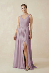 A - Line Pleated Chiffon Long Bridesmaid Dress in Dusk - KissProm Bridesmaid Dresses
