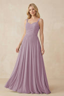 A - Line Pleated Chiffon Long Bridesmaid Dress in Dusk - KissProm Bridesmaid Dresses