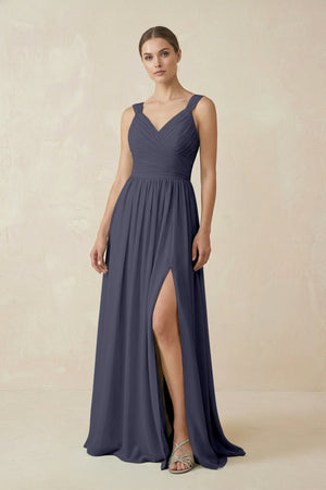A - Line Pleated Chiffon Long Bridesmaid Dress in Dusk Blue - KissProm Bridesmaid Dresses