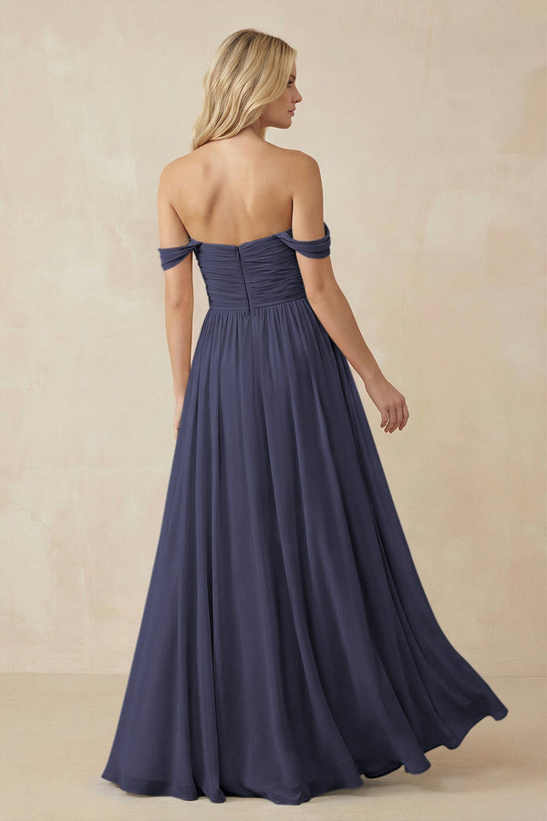 turquoise and purple wedding bridesmaid dresses A-Line Pleated Long Chiffon Bridesmaid Dress in Dusk Blue, Dusk Blue / 6