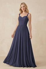 A - Line Pleated Chiffon Long Bridesmaid Dress in Dusk Blue - KissProm Bridesmaid Dresses