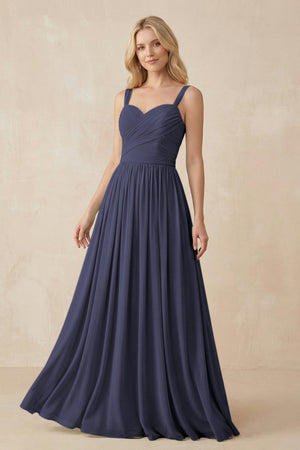 A - Line Pleated Chiffon Long Bridesmaid Dress in Dusk Blue - KissProm Bridesmaid Dresses