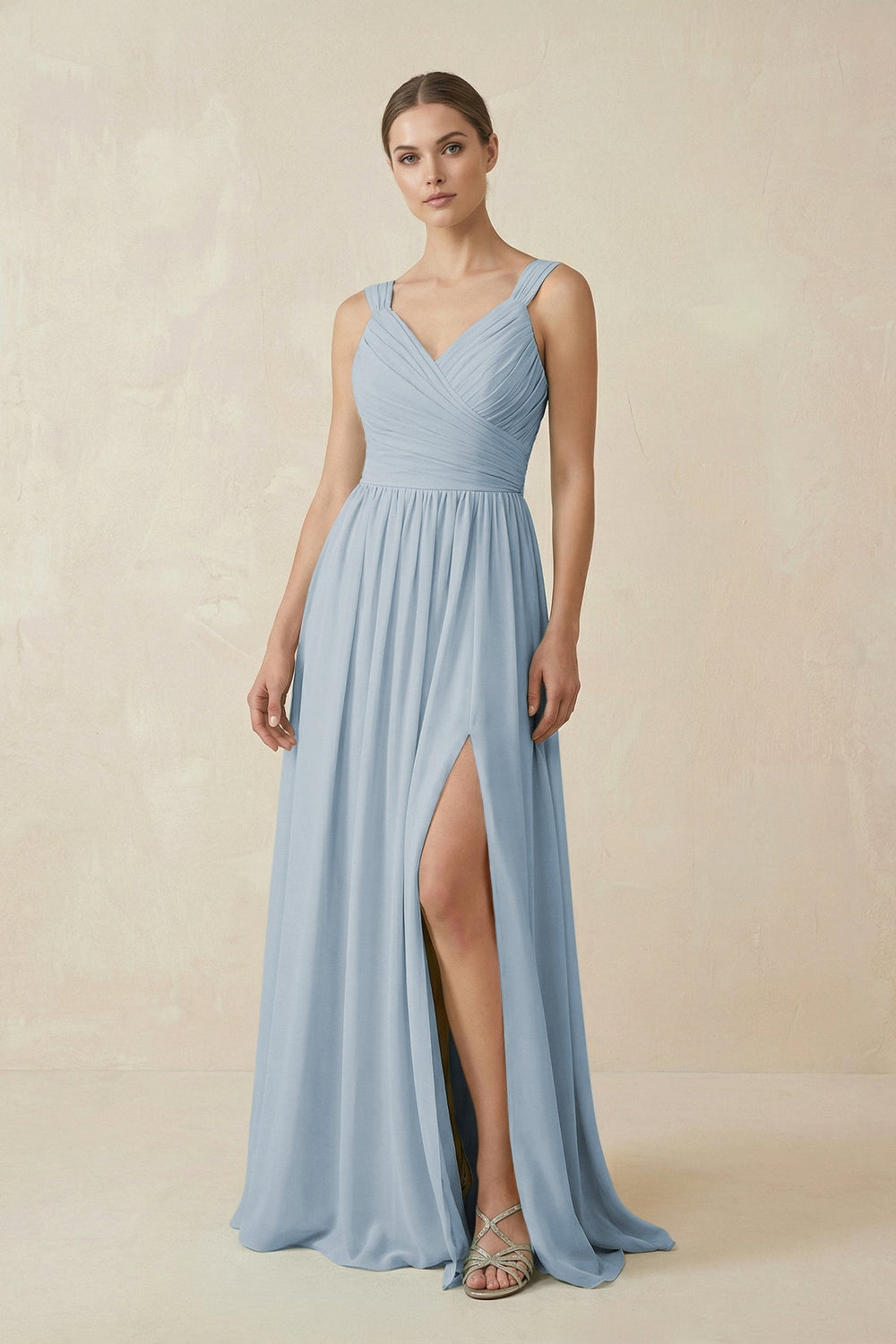 A - Line Pleated Chiffon Long Bridesmaid Dress in Dusty Blue - KissProm Bridesmaid Dresses