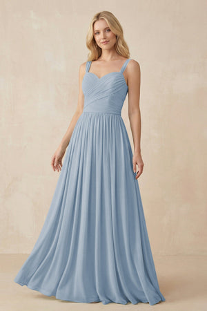 A - Line Pleated Chiffon Long Bridesmaid Dress in Dusty Blue - KissProm Bridesmaid Dresses