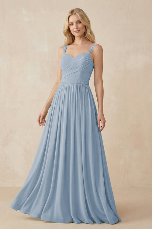A-Line Pleated Long Chiffon Bridesmaid Dress in Dusty Blue, Dusty Blue / 12