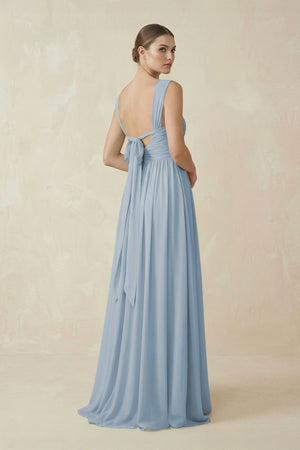 A - Line Pleated Chiffon Long Bridesmaid Dress in Dusty Blue - KissProm Bridesmaid Dresses