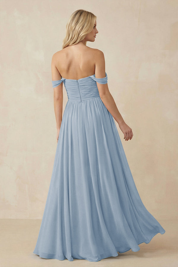 A-Line Pleated Long Chiffon Bridesmaid Dress in Dusty Blue, Dusty Blue / 12