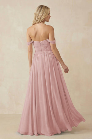 A - Line Pleated Chiffon Long Bridesmaid Dress in Dusty Rose - KissProm Bridesmaid Dresses