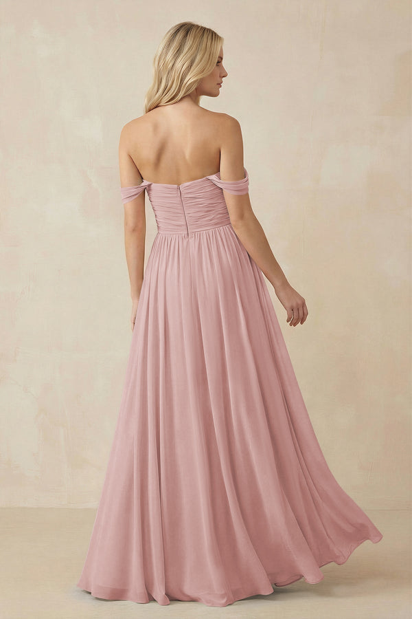 A - Line Pleated Chiffon Long Bridesmaid Dress in Dusty Rose - KissProm Bridesmaid Dresses