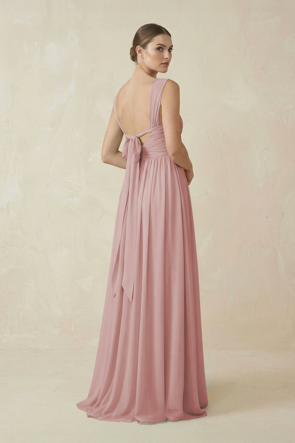 A - Line Pleated Chiffon Long Bridesmaid Dress in Dusty Rose - KissProm Bridesmaid Dresses
