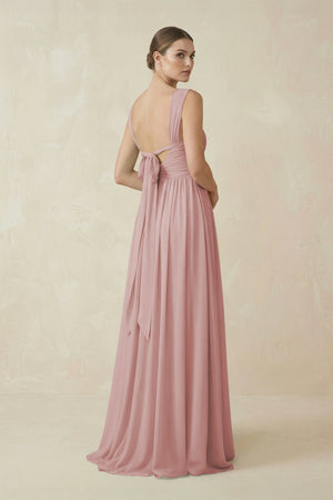 A - Line Pleated Chiffon Long Bridesmaid Dress in Dusty Rose - KissProm Bridesmaid Dresses