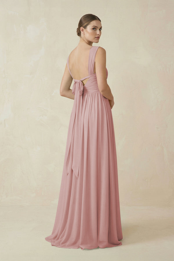A - Line Pleated Chiffon Long Bridesmaid Dress in Dusty Rose - KissProm Bridesmaid Dresses