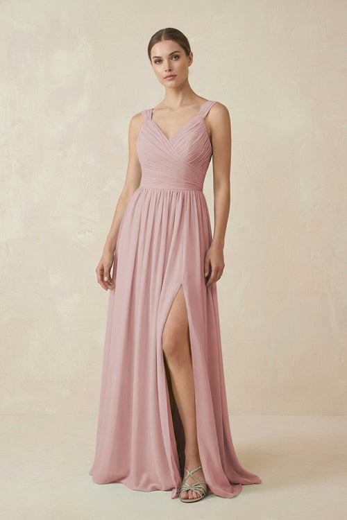 A - Line Pleated Chiffon Long Bridesmaid Dress in Dusty Rose - KissProm Bridesmaid Dresses