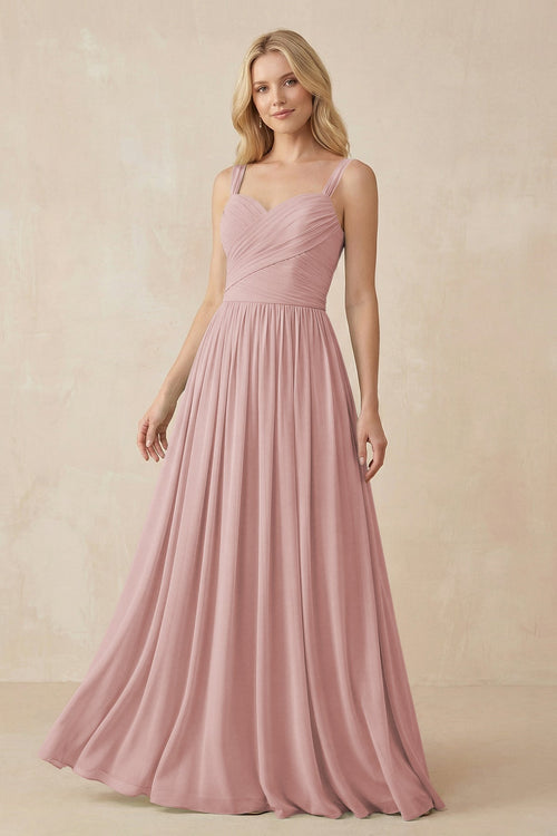 KissProm A-Line Pleated Long Chiffon Bridesmaid Dress in Dusty Rose, Dusty Rose / 20