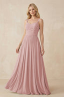 A - Line Pleated Chiffon Long Bridesmaid Dress in Dusty Rose - KissProm Bridesmaid Dresses