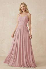 A - Line Pleated Chiffon Long Bridesmaid Dress in Dusty Rose - KissProm Bridesmaid Dresses