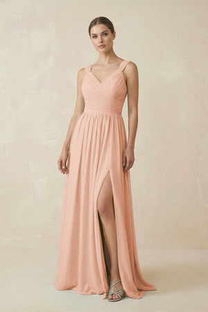 A - Line Pleated Chiffon Long Bridesmaid Dress in English Rose - KissProm Bridesmaid Dresses