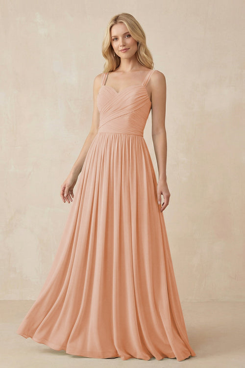 KissProm A-Line Pleated Long Chiffon Bridesmaid Dress in English Rose, English Rose / 2