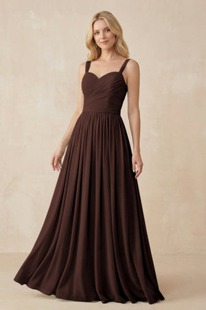 A - Line Pleated Chiffon Long Bridesmaid Dress in Espresso - KissProm Bridesmaid Dresses