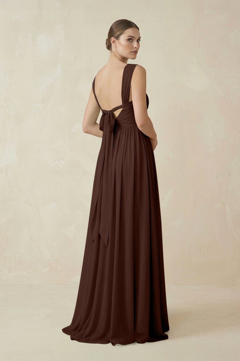 A - Line Pleated Chiffon Long Bridesmaid Dress in Espresso - KissProm Bridesmaid Dresses