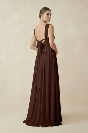 A - Line Pleated Chiffon Long Bridesmaid Dress in Espresso - KissProm Bridesmaid Dresses
