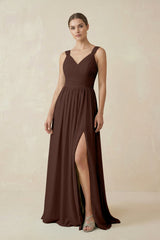 A - Line Pleated Chiffon Long Bridesmaid Dress in Espresso - KissProm Bridesmaid Dresses