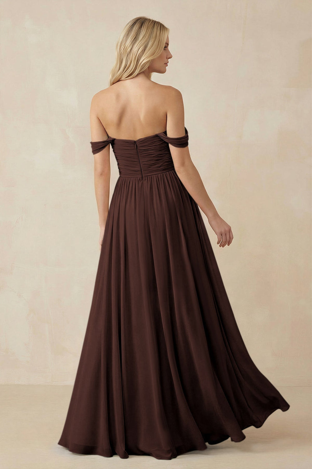 A - Line Pleated Chiffon Long Bridesmaid Dress in Espresso - KissProm Bridesmaid Dresses