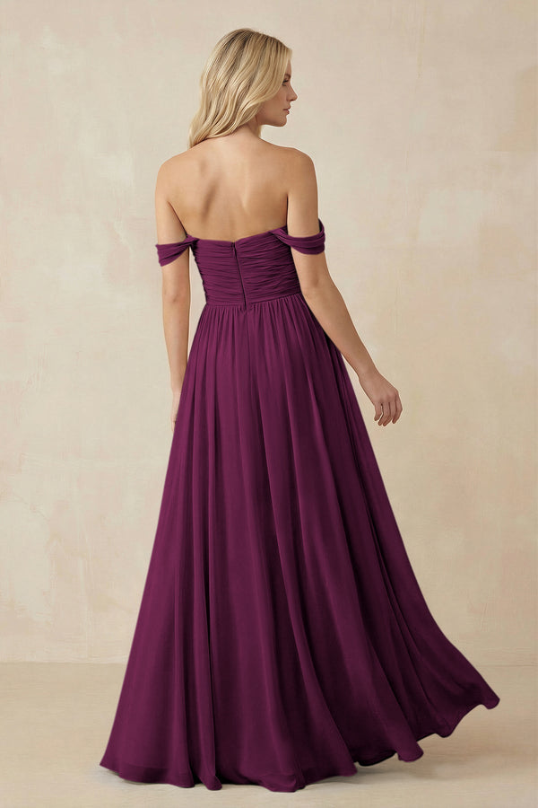 A - Line Pleated Chiffon Long Bridesmaid Dress in Fig - KissProm Bridesmaid Dresses