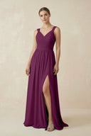A - Line Pleated Chiffon Long Bridesmaid Dress in Fig - KissProm Bridesmaid Dresses