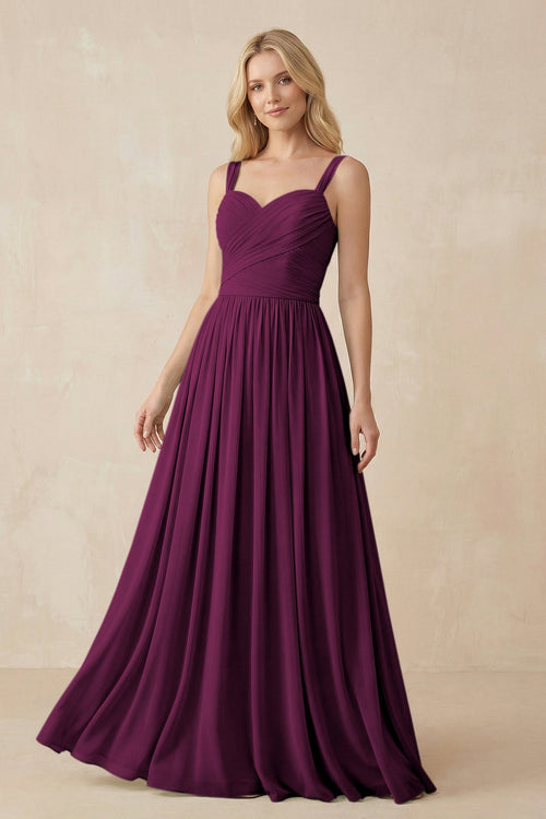 A - Line Pleated Chiffon Long Bridesmaid Dress in Fig - KissProm Bridesmaid Dresses