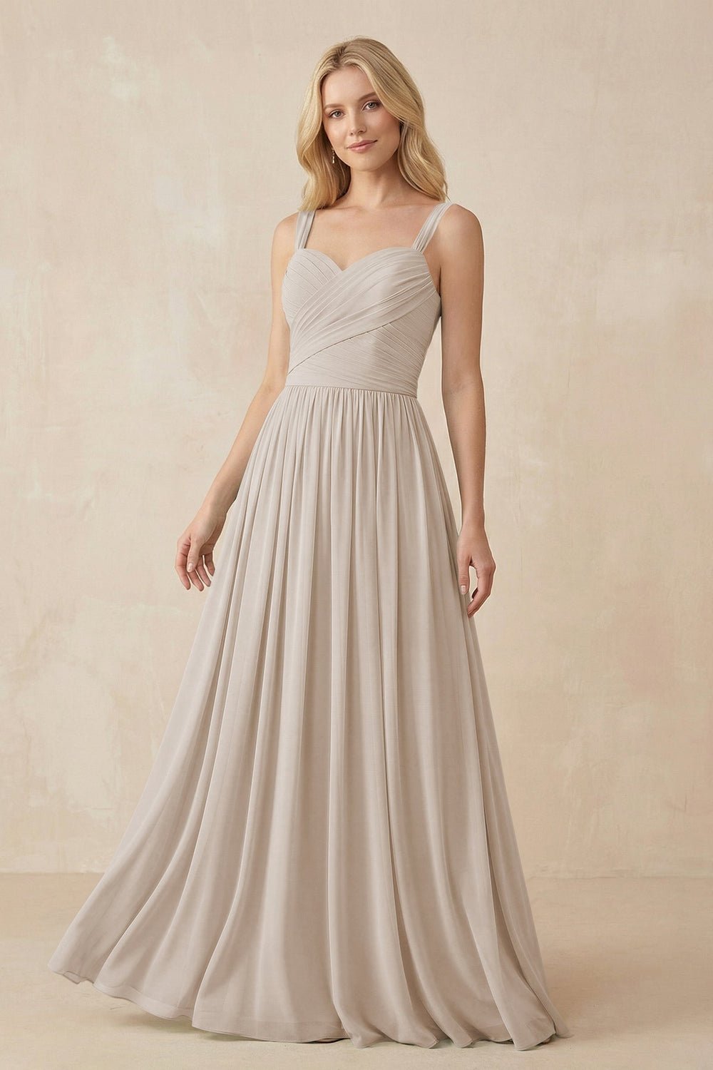 A - Line Pleated Chiffon Long Bridesmaid Dress in Frost - KissProm Bridesmaid Dresses