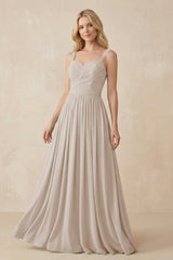 A - Line Pleated Chiffon Long Bridesmaid Dress in Frost - KissProm Bridesmaid Dresses