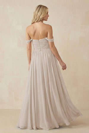 A - Line Pleated Chiffon Long Bridesmaid Dress in Frost - KissProm Bridesmaid Dresses