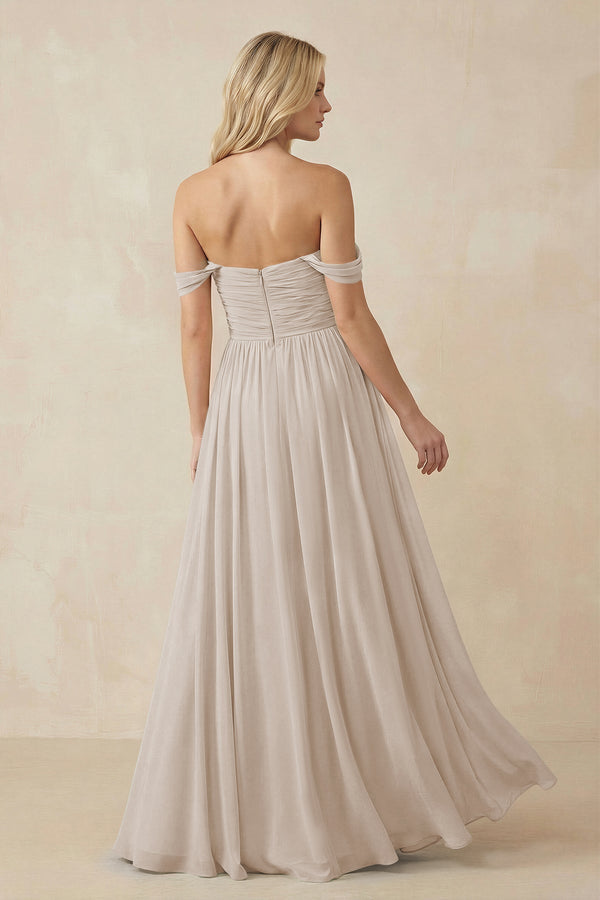 A - Line Pleated Chiffon Long Bridesmaid Dress in Frost - KissProm Bridesmaid Dresses