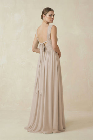 A - Line Pleated Chiffon Long Bridesmaid Dress in Frost - KissProm Bridesmaid Dresses