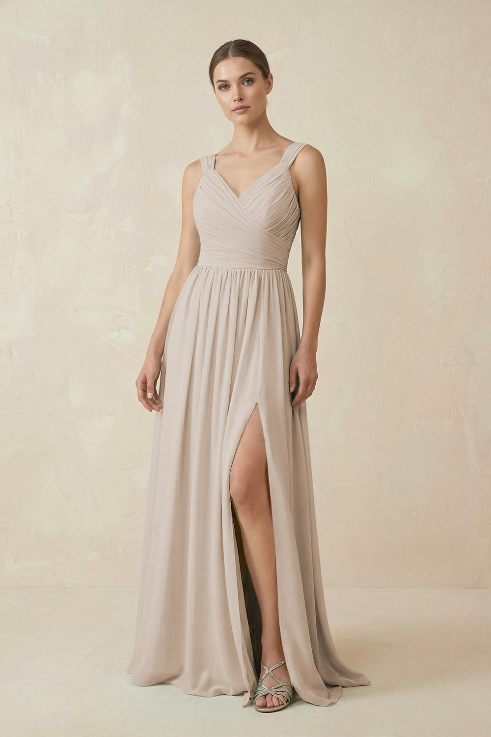 A - Line Pleated Chiffon Long Bridesmaid Dress in Frost - KissProm Bridesmaid Dresses