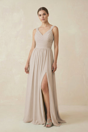 A - Line Pleated Chiffon Long Bridesmaid Dress in Frost - KissProm Bridesmaid Dresses