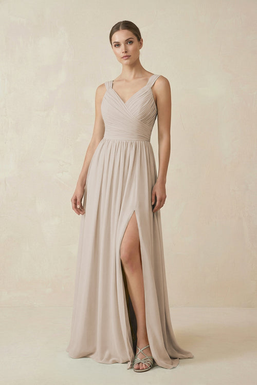 A - Line Pleated Chiffon Long Bridesmaid Dress in Frost - KissProm Bridesmaid Dresses