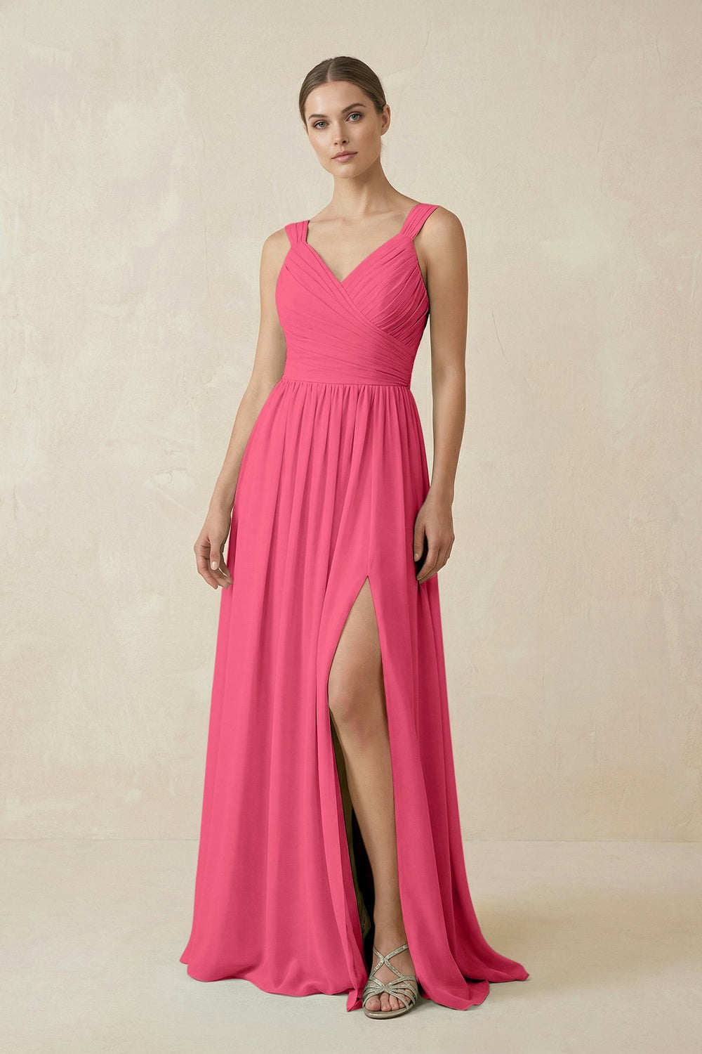 A - Line Pleated Chiffon Long Bridesmaid Dress in Fuchsia - KissProm Bridesmaid Dresses