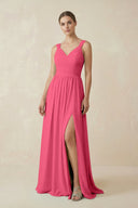 A - Line Pleated Chiffon Long Bridesmaid Dress in Fuchsia - KissProm Bridesmaid Dresses