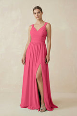 A - Line Pleated Chiffon Long Bridesmaid Dress in Fuchsia - KissProm Bridesmaid Dresses