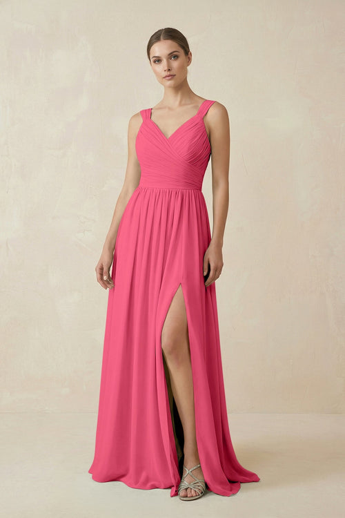 A - Line Pleated Chiffon Long Bridesmaid Dress in Fuchsia - KissProm Bridesmaid Dresses
