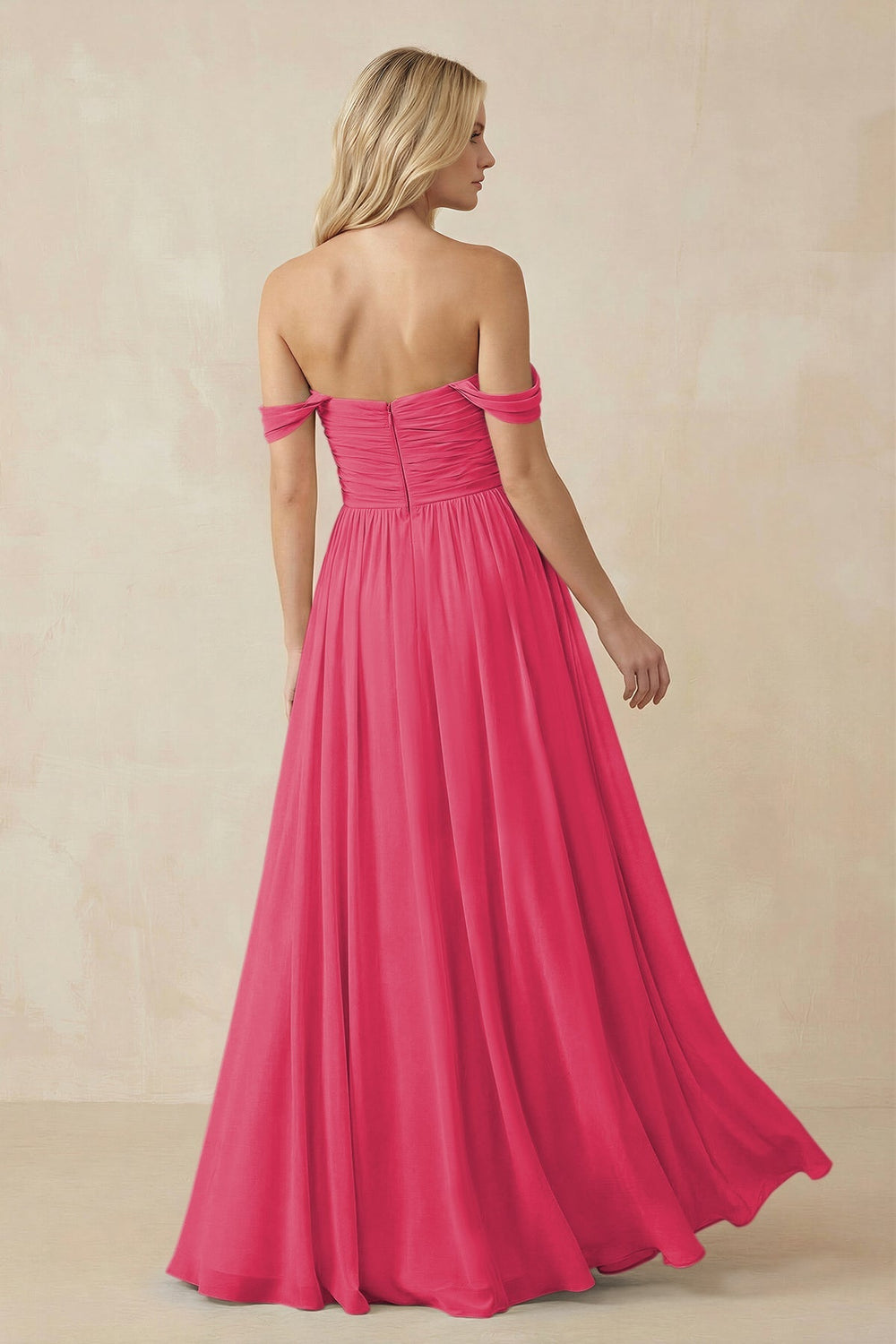 A - Line Pleated Chiffon Long Bridesmaid Dress in Fuchsia - KissProm Bridesmaid Dresses