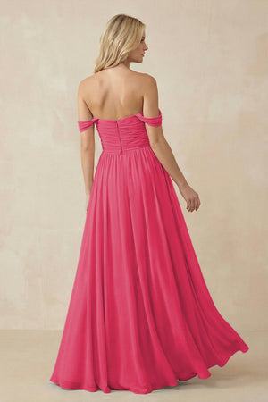 A - Line Pleated Chiffon Long Bridesmaid Dress in Fuchsia - KissProm Bridesmaid Dresses