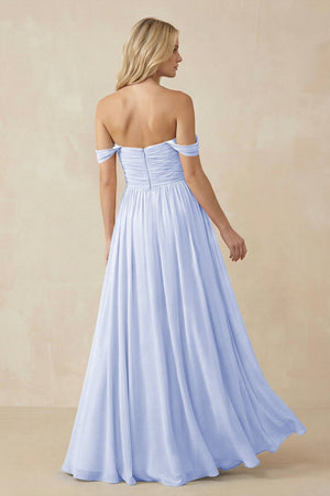 A - Line Pleated Chiffon Long Bridesmaid Dress in Ice - KissProm Bridesmaid Dresses