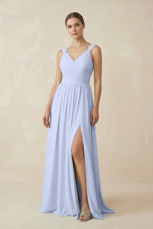 A - Line Pleated Chiffon Long Bridesmaid Dress in Ice - KissProm Bridesmaid Dresses