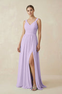 A - Line Pleated Chiffon Long Bridesmaid Dress in Lavender - KissProm Bridesmaid Dresses