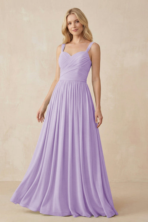 A - Line Pleated Chiffon Long Bridesmaid Dress in Lavender - KissProm Bridesmaid Dresses