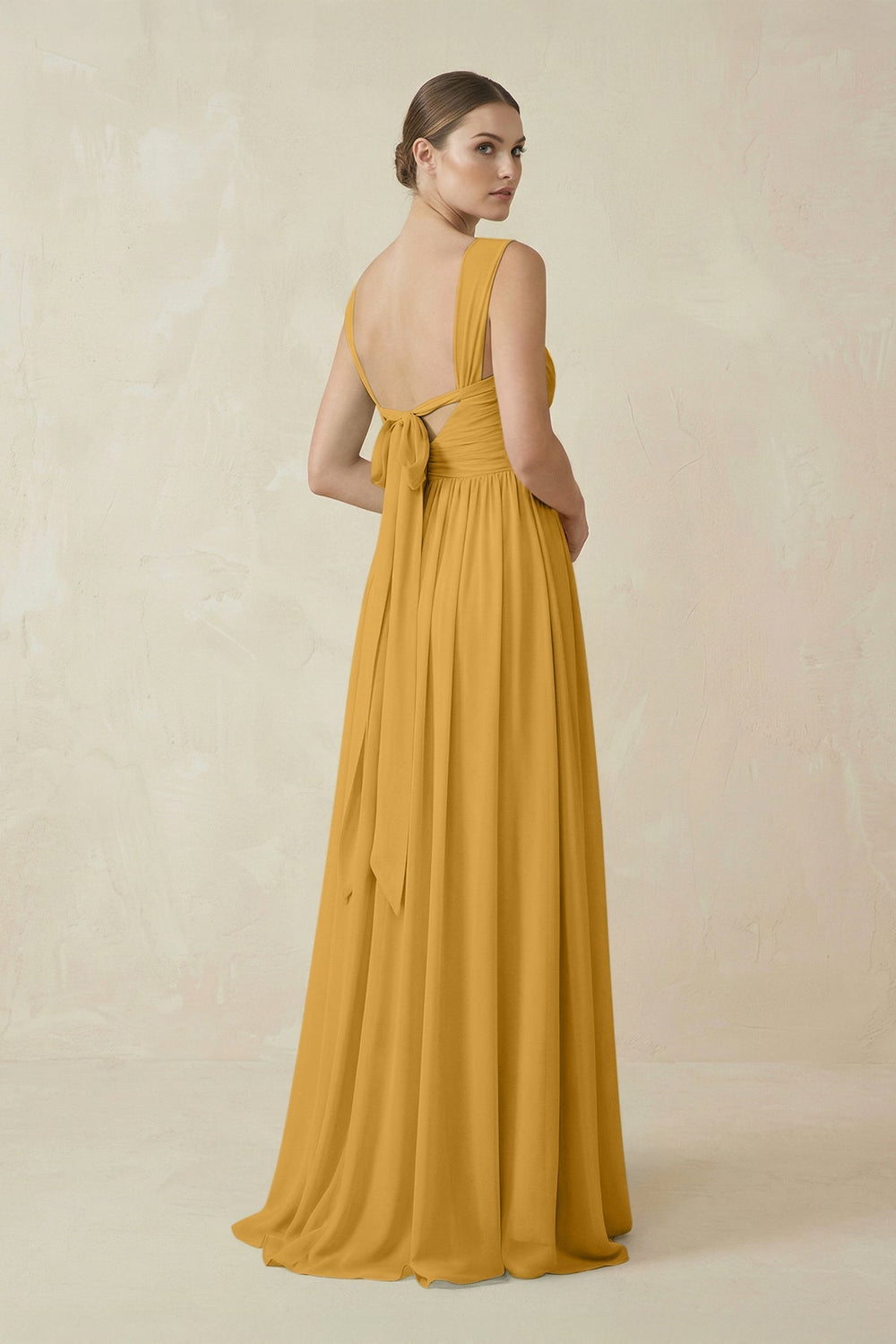 A - Line Pleated Chiffon Long Bridesmaid Dress in Marigold - KissProm Bridesmaid Dresses