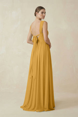 A - Line Pleated Chiffon Long Bridesmaid Dress in Marigold - KissProm Bridesmaid Dresses